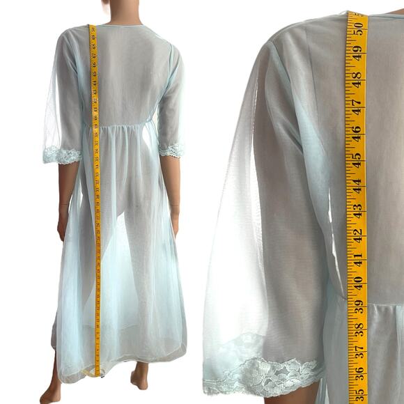 Vintage Blue Chiffon Tulle Lace Robe Double Layer Lingerie - Picture 4 of 9
